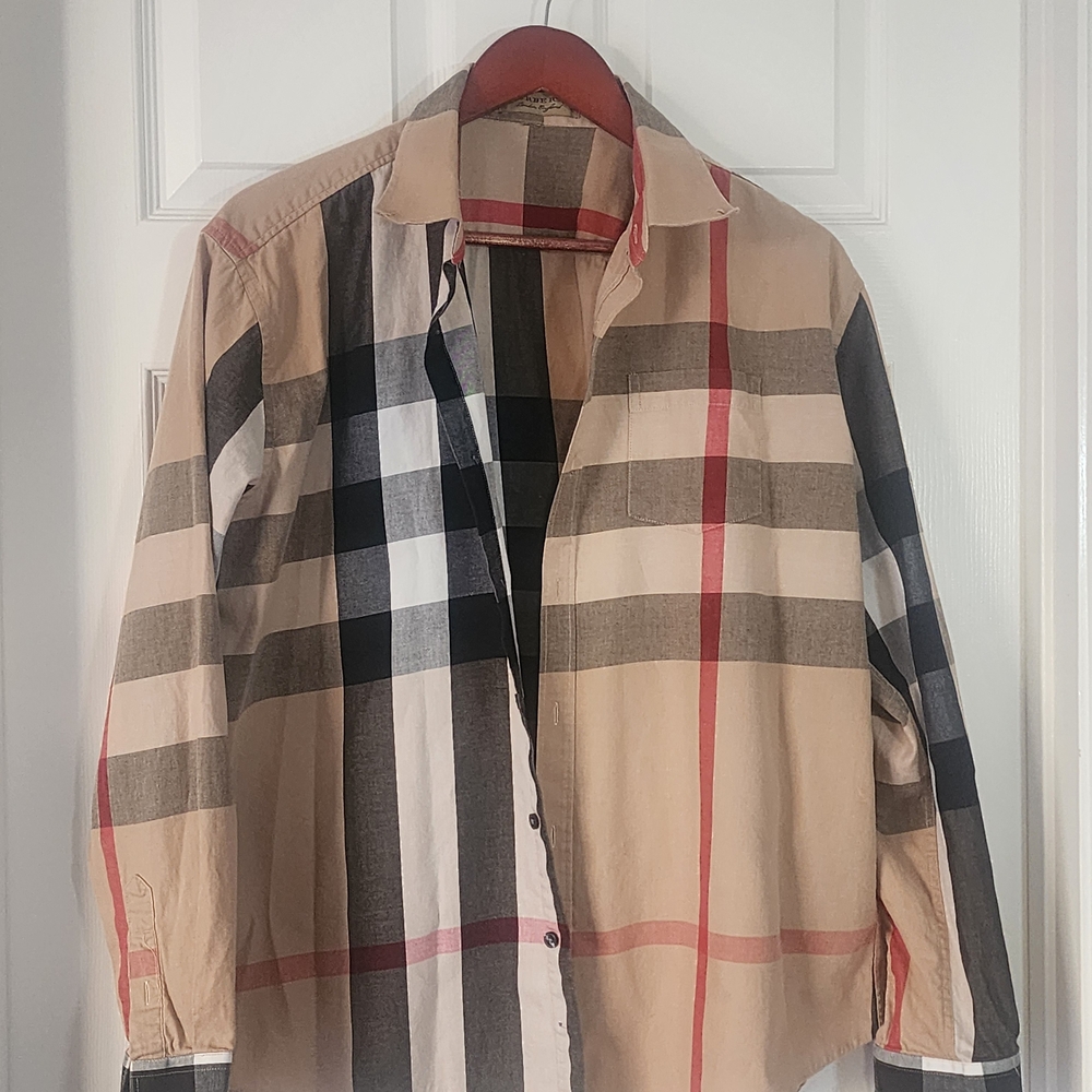 Men's Burberry Beige & Red Plaid Shirt - 100% Cotton Button-Down